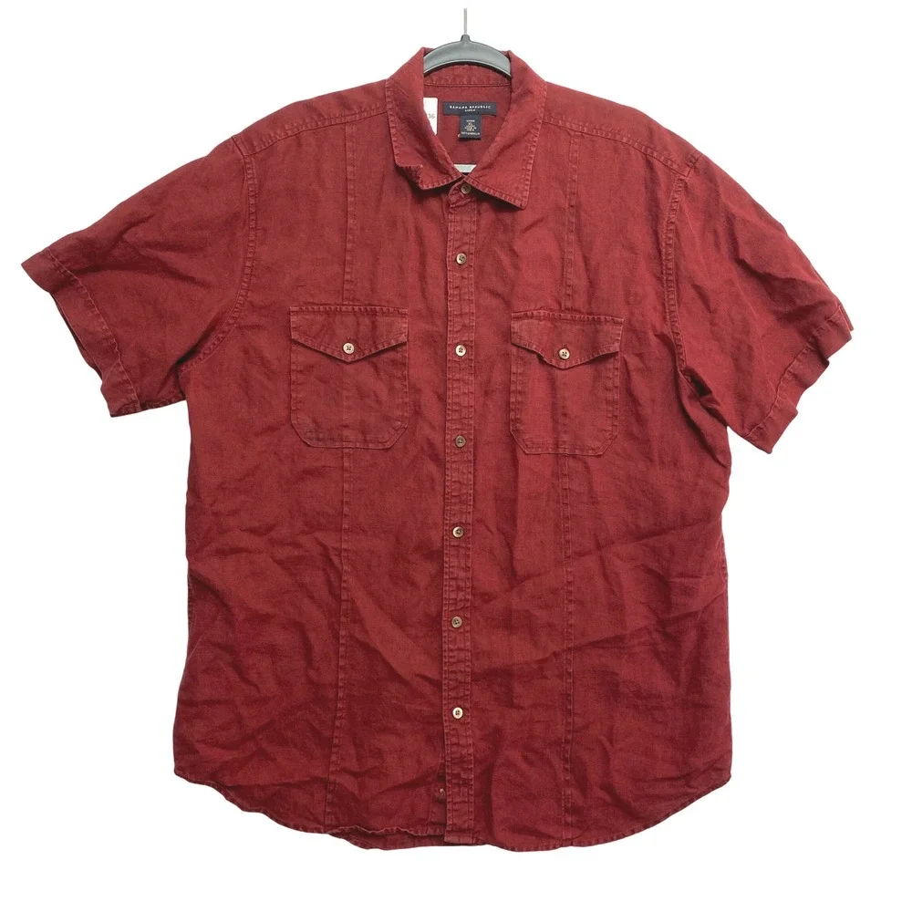 Banana Republic Shirt Mens XL Red Short Sleeve Linen Safari Pocket Button Up